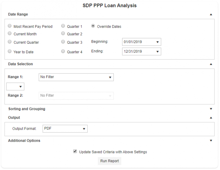 SDP PPP Loan Analysis Report Configuration