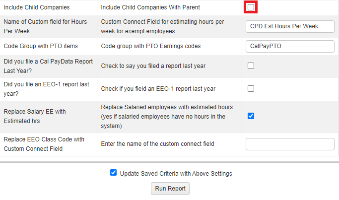 report configuration showing where to select to include child companies in ca pay data report