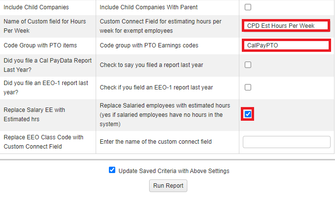 report configuration showing names of custom field for hours per week, code group with PTO items, and checkbox to replace salary EE with estimated hours