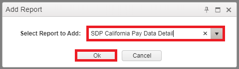 add report dialogue box with "SDP California Pay Data Detail" report selected