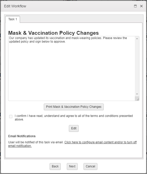 mask and employee vaccination workflow